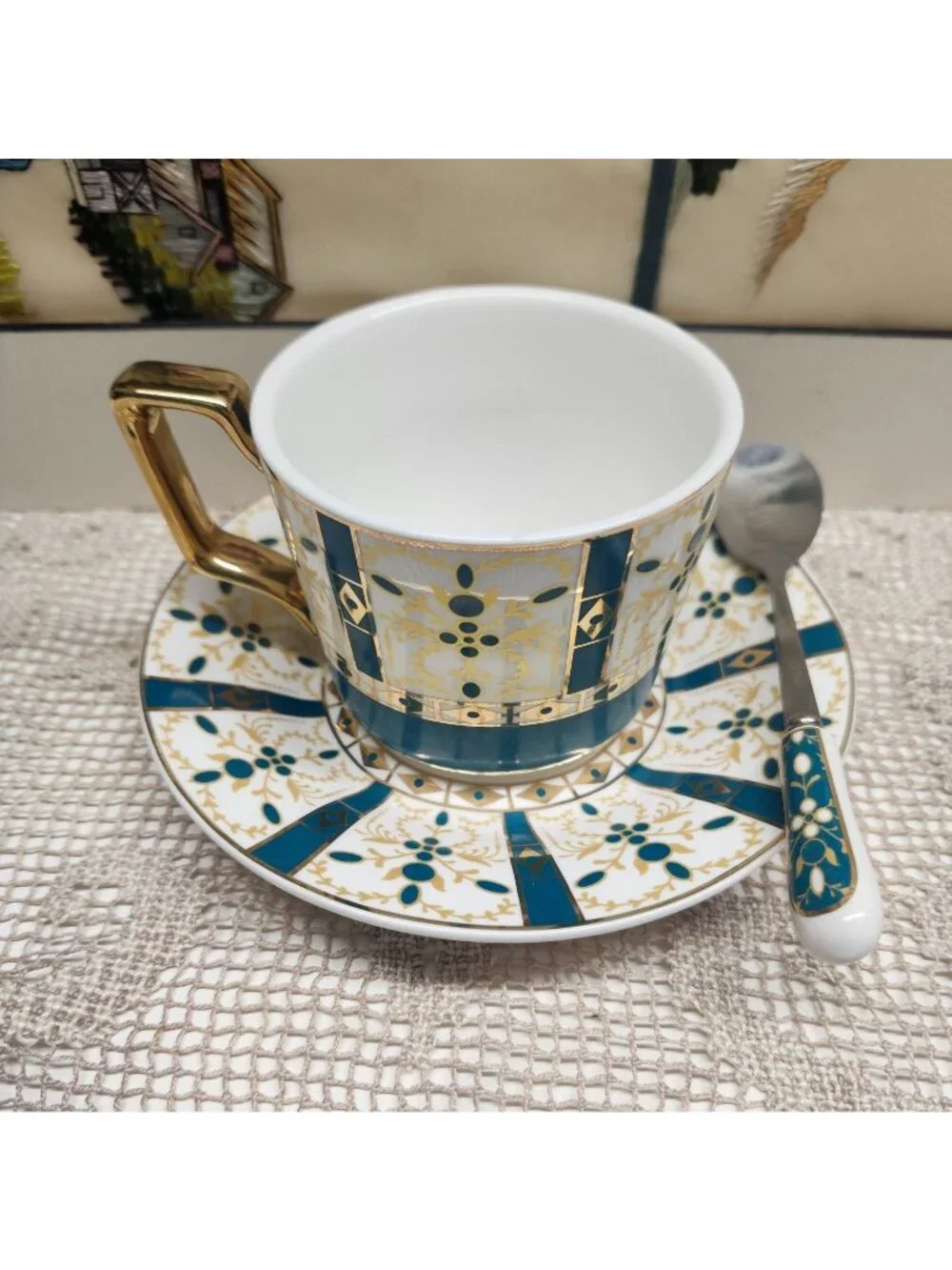 Bold Design Porcelain Tea Cup With Saucer & Matching Spoon - Intricate Blue & Go